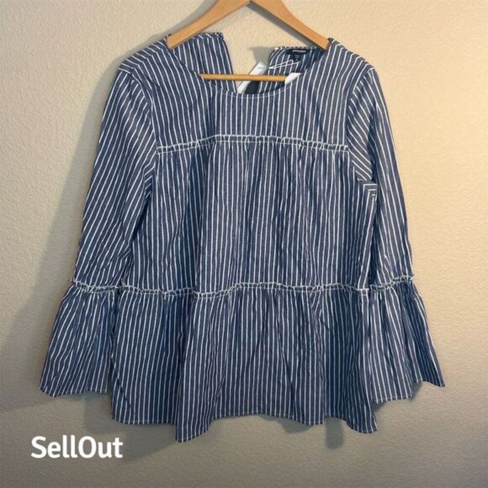 Mittoshop Women's Blue Striped Bell Sleeve Blouse Size M